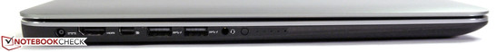 lewy bok: gniazdo zasilania, HDMI, mini DisplayPort, 2 USB 3.0, gniazdo audio, kontrolka stanu naładowania akumulatora