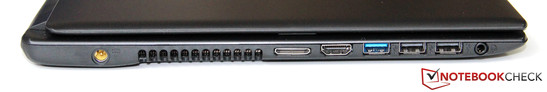 lewy bok: gniazdo zasilania, wylot powietrza z układu chłodzenia, gniazdo pod przejściówkę na złącza VGA i LAN, HDMI, USB 3.0, 2 USB 2.0, gniazdo audio