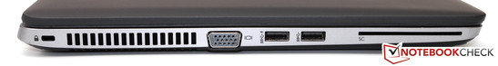 lewy bok: gniazdo blokady Kensingtona, wylot powietrza z układu chłodzenia, VGA, 2 USB 3.0, czytnik SmartCard