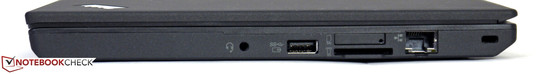 prawy bok: gniazdo audio, USB 3.0, kieszeń na kartę SIM, czytnik kart pamięci, LAN, gniazdo blokady Kensingtona