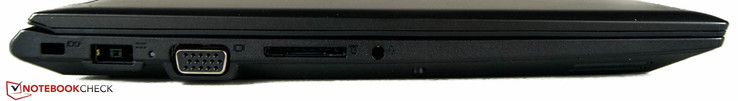 lewy bok: gniazdo blokady Kensingtona, gniazdo zasilania, VGA, czytnik kart pamięci, gniazdo audio