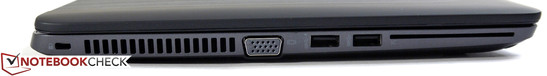 lewy bok: gniazdo blokady Kensingtona, wylot powietrza z układu chłodzenia, VGA, 2 USB 3.0, czytnik Smart Card
