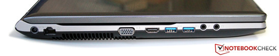 lewy bok: gniazdo zasilania, LAN (Gigabit Ethernet), otwory wentylacyjne, VGA, HDMI, 2 USB 3.0, 2 gniazda audio