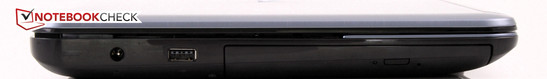 lewy bok: gniazdo zasilania, USB 2.0, napęd optyczny (DVD)