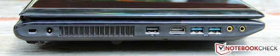 lewy bok: gniazdo blokady Kensingtona, gniazdo zasilania, wylot powietrza z układu chłodzenia, USB 2.0, HDMI, 2 USB 3.0, 2 gniazda audio