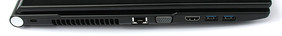 lewy bok: gniazdo blokady Kensingtona, wylot powietrza z układu chłodzenia, LAN, VGA, HDMI, 2 USB 3.0