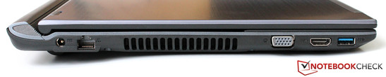 lewy bok: gniazdo zasilania, LAN (Gigabit Ethernet), otwory wentylacyjne, VGA, HDMI, USB 3.0