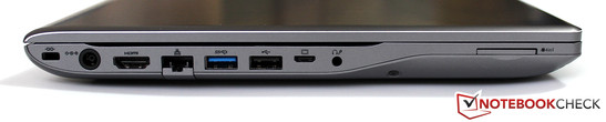 lewy bok: gniazdo blokady Kensingtona, gniazdo zasilania, HDMI, LAN (Gigabit Ethernet), USB 3.0, USB 2.0, VGA (po podłączeniu adaptera), gniazdo audio (combo), czytnik kart pamięci