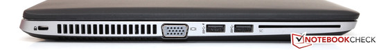 lewy bok: gniazdo blokady Kensingtona, wylot powietrza z układu chłodzenia, VGA, 2 USB 3.0, czytnik kart Smart Card