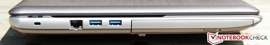 lewy bok: gniazdo blokady Kensingtona, LAN, 2 USB 3.0, napęd optyczny (BD-ROM)