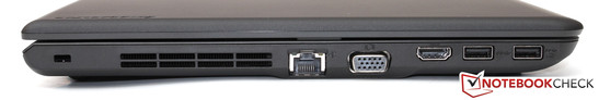 lewy bok: gniazdo blokady Kensingtona, wylot powietrza z układu chłodzenia, LAN, VGA, HDMI, 2 USB 3.0