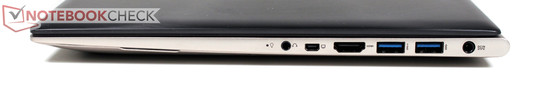 prawy bok: gniazdo audio, Mini-VGA, HDMI, 2 USB 3.0, gniazdo zasilania