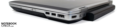 prawa strona: ExpressCard, 2x USB 2.0, USB/eSATA (na prawej ściance bocznej), HDMI, blokada Kensingtona, opcjonalne gniazdo modemu (z tyłu)
