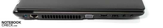 lewy bok: gniazdo zasilania, LAN, VGA, HDMI, USB 2.0, wyjście słuchawkowe, wejście mikrofonowe