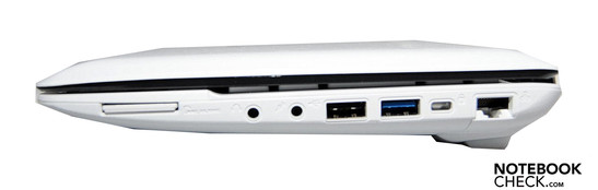 prawy bok: czytnik kart, gniazda audio, USB 2.0, USB 3.0, blokada Kensingtona, LAN
