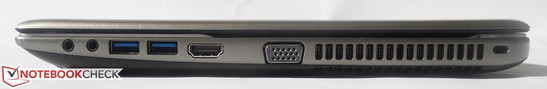 prawy bok: 2 gniazda audio, 2 USB 3.0, HDMI, VGA, wylot powietrza z układu chłodzenia, gniazdo blokady Kensingtona