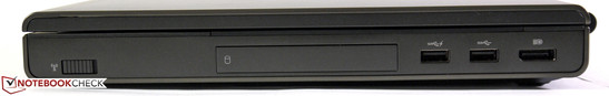 prawy bok: przełącznik modułu łączności, kieszeń dysku, 2 USB 3.0, DisplayPort