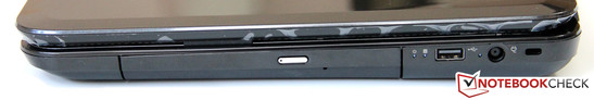 prawy bok: napęd optyczny (DVD), USB 2.0, gniazdo zasilania, gniazdo blokady Kensingtona