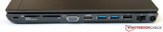 prawy bok: gniazdo blokady Kensingtona, 2 czytniki kart pamięci, VGA, HDMI, 2 USB 3.0, USB 2.0, LAN, gniazdo zasilania