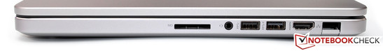 prawy bok: czytnik kart pamięci, gniazdo audio, 2 USB 3.0, HDMI, LAN