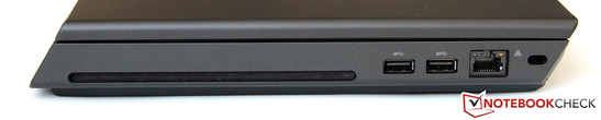 prawy bok: napęd optyczny (szczelinowy), 2 USB 2.0, LAN, gniazdo blokady Kensingtona