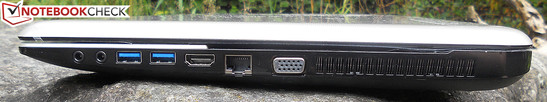 prawy bok: gniazdo audio, 2 USB 3.0, HDMI, LAN, VGA, wylot powietrza z układu chłodzenia
