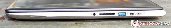 prawy bok: gniazdo audio, czytnik kart pamięci, USB 3.0, mini VGA, złącze subwoofera