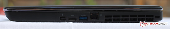 prawy bok: Thunderbolt, mini HDMI, USB 3.0, LAN, wylot powietrza, gniazdo blokady Kensingtona
