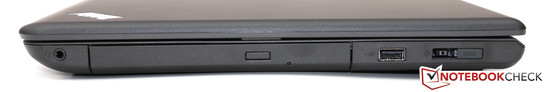 prawy bok: gniazdo audio, napęd optyczny (DVD), USB 2.0, gniazdo zasilania/OneLink