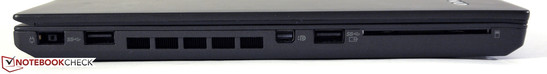 lewy bok: gniazdo zasilania, USB 3.0, otwory wentylacyjne, mini DisplayPort, USB 3.0, czytnik Smart Card