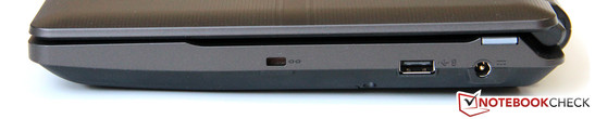 prawy bok: gniazdo blokady Kensingtona, USB 2.0, gniazdo zasilania