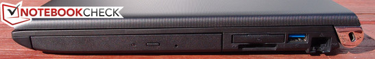 prawy bok: napęd optyczny (DVD), ExpressCard/34, czytnik kart pamięci, USB 3.0, LAN, gniazdo blokady Kensingtona