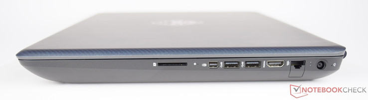 prawy bok: czytnik karrt pamięci, mini DisplayPort, 2 USB 3.0, HDMI, LAN, gniazdo zasilania
