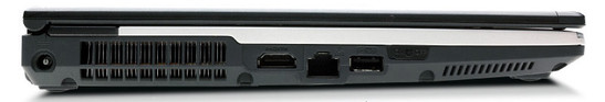 lewy bok: gniazdo zasilania, wylot wentylacji, HDMI, LAN, USB, wyłącznik WiFi, szczeliny wentylacyjne