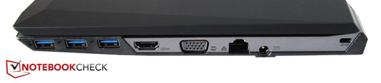 prawy bok: 3 USB 3.0, HDMI, VGA, LAN, gniazdo zasilania, gniazdo blokady Kensingtona