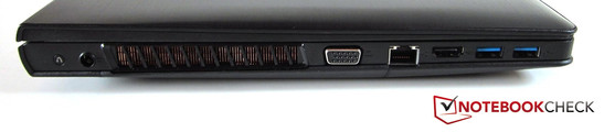 lewy bok: przycisk Anovo, gniazdo zasilania, otwory wentylacyjne, VGA, LAN, HDMI, 2 USB 3.0