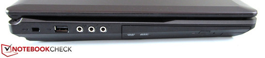 lewy bok: gniazdo blokady Kensingtona, USB 2.0, 3 gniazda audio, napęd optyczny