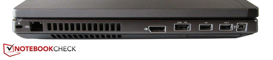 lewy bok: gniazdo blokady Kensingtona, RJ-45 (Gigabit Ethernet), DisplayPort, eSATA/USB 2.0 (combo), 2 USB 2.0, FireWire, ExpressCard/54