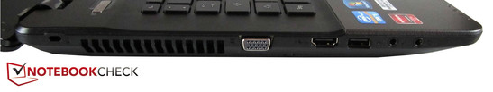 lewy bok: gniazdo blokady Kensingtona, VGA, HDMI, USB 2.0, 2 gniazda audio