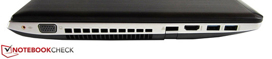 lewy bok: złącze subwoofera, wylot powietrza z układu chłodzenia, VGA, LAN, HDMI, 2 USB 3.0