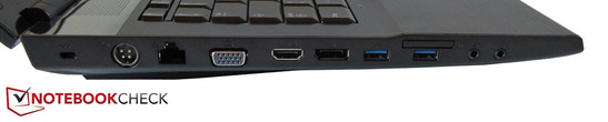 lewy bok: gniazdo blokady Kensingtona, gniazdo zasilania, RJ-45 (Gigabit LAN), VGA, HDMI, DisplayPort, 2 USB 3.0, czytnik kart pamięci, 2 gniazda audio