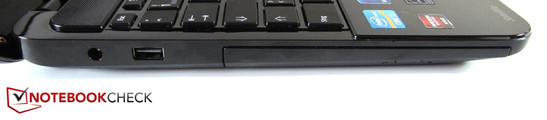lewy bok: gniazdo zasilania, USB 2.0, napęd optyczny