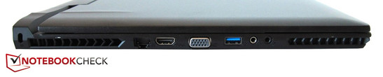 lewy bok: otwory wentylacyjne, gniazdo blokady Kensingtona, LAN, port Surround, VGA, USB 3.0, 2 gniazda audio, głośnik