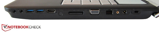 prawy bok: 2 gniazda audio, 2 USB 3.0, HDMI, czytnik kart pamięci, VGA, RJ-45 (Gigabit LAN), złącze subwoofera, gniazdo zasilania, gniazdo blokady Kensingtona