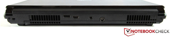 tył: gniazdo blokady Kensingtona, otwory wentylacyjne, DisplayPort, HDMI, mini DisplayPort, gniazdo zasilania, otwory wentylacyjne