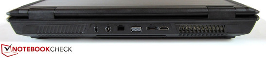 tył: gniazdo blokady Kensingtona, gniazdo zasilania, LAN (Gigabit Ethernet), VGA, eSATA, HDMI, otwory wentylacyjne