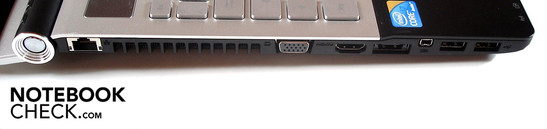 lewy bok: LAN, VGA, HDMI, eSATA/USB, FireWire, 2x USB
