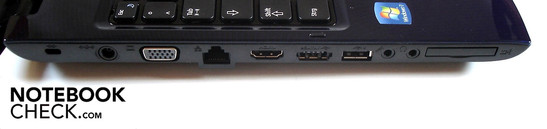 lewy bok: blokada Kensingtona, gniazdo zasilania, VGA, LAN, HDMI, eSATA/USB, USB, 2x audio, ExpressCard/34