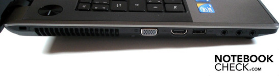 lewy bok: gniazdo blokady Kensingtona, VGA, HDMI, USB, 3x audio
