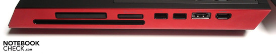 prawy bok: napęd optyczny, ExpressCard/54, czytnik kart pamięci, 2 USB 2.0, eSATA/USB 2.0, wejście HDMI